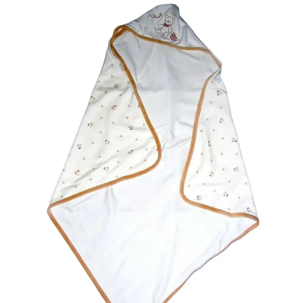 Le Top Infant Hooded Bath Blanket White Tan Teddy Bear 19x19 inches Cotton